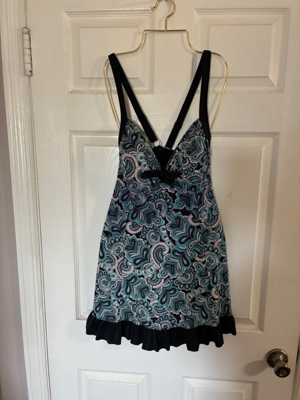 Women’s Teal Paisley Swimdress with Black Trim